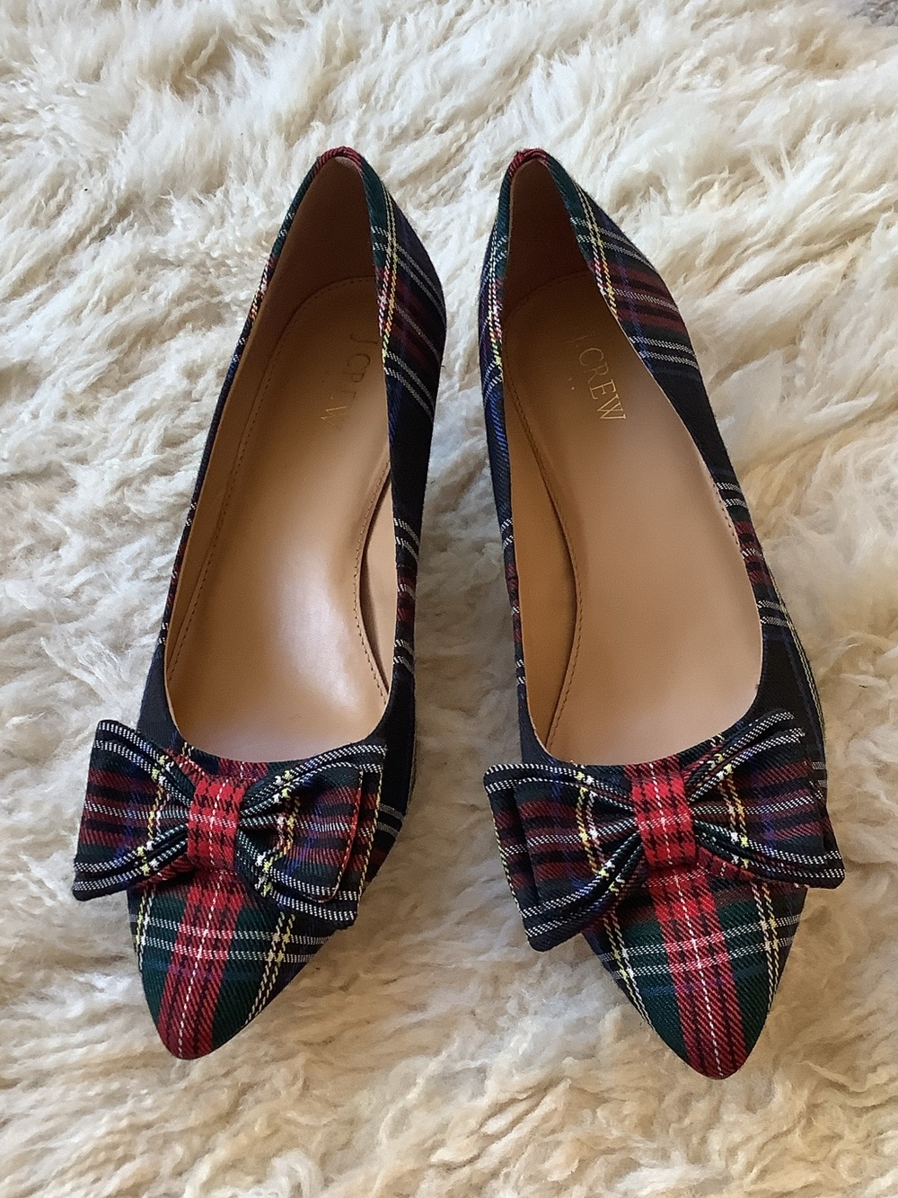 J. Crew Plaid Pointed-Toe Flats with Bow in Red and Green